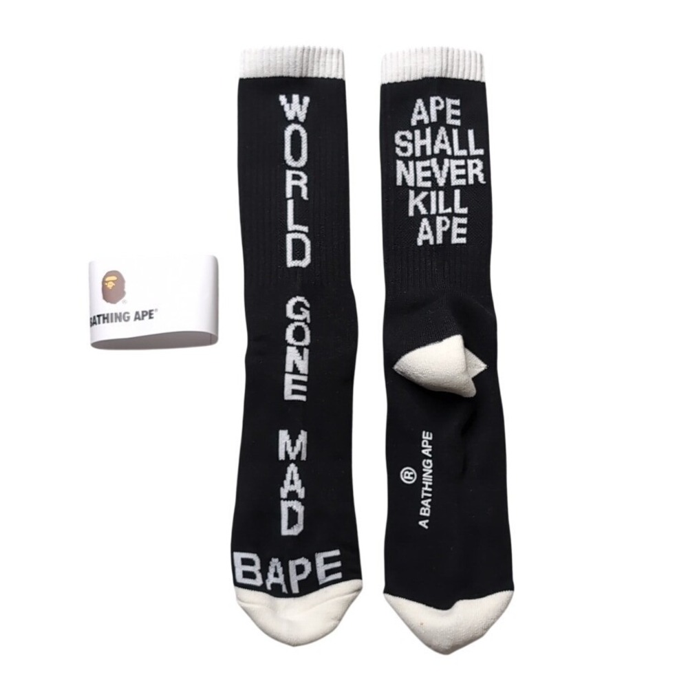 Bape Crew Socks WGM Ape Shall Never Kill Ape Mens Womens Unisex Size 9-11‎ Black